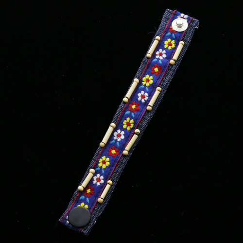 Wooden Bead Ribbon Accent Denim Strap Bracelet Blue - B2