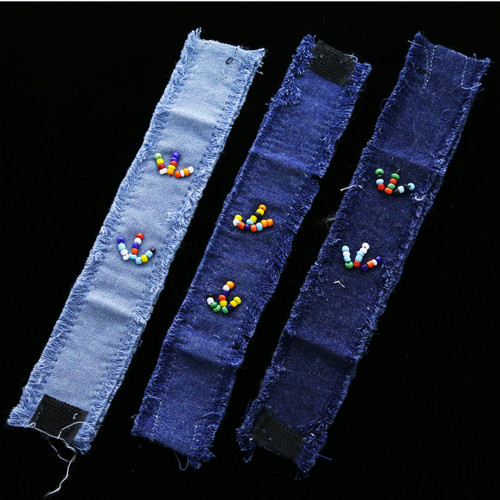 Rough-Edge Embroidered Bead Denim Strap Bracelet Blue - B2494