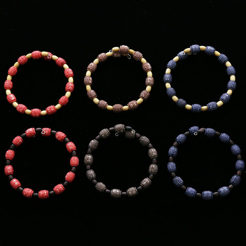 Carved Wooden Tribal Pattern Bead Bracelet Assorted - B2557