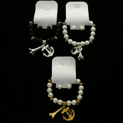 Imitation Pearl Bead Eiffel Tower Anchor Stretch Bracelet-Earring Set Assorted -B3066B