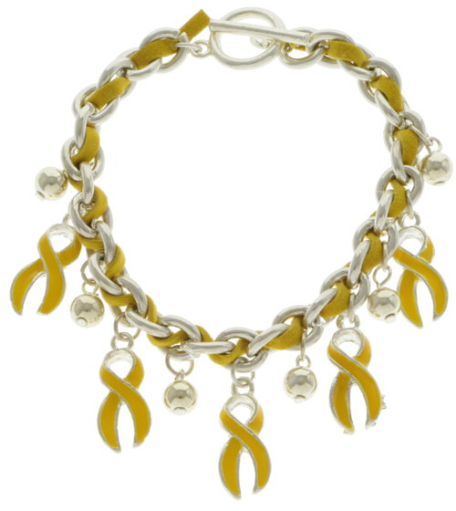 Yellow Ribbon Imitation Leather Accent Chain Bracelet Silver-Tone - B3198-1