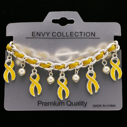 Yellow Ribbon Imitation Leather Accent Chain Bracelet Silver-Tone - B3198-1