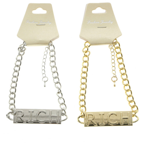 Embossed "RICH" Plate Chain Bracelets Assorted - B334B
