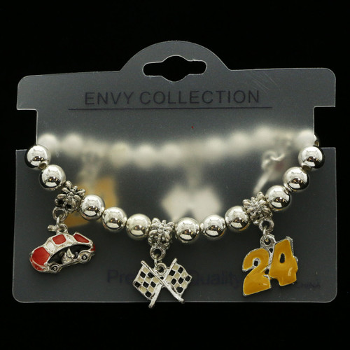 Metal Bead Racecar Charm Stretch Bracelet Silver-Tone - B4049A