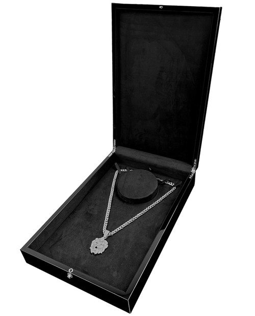 Extra large glossy black necklace box opened with silver round lock and silver hinges