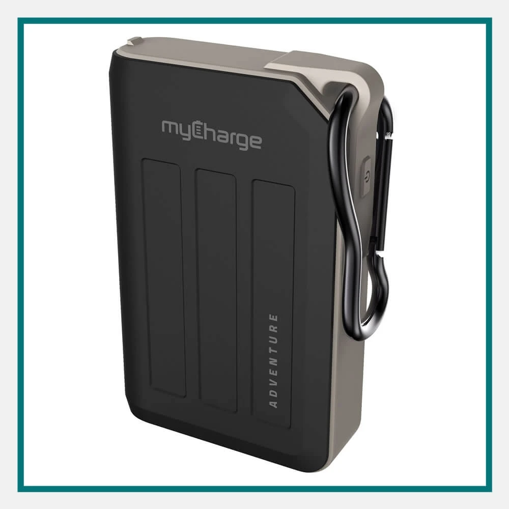 myCharge Adventure H2O Turbo Waterproof Rechargeable Power Bank - Direct Print displayed as a compact and functional conference swag item for charging devices on the go.