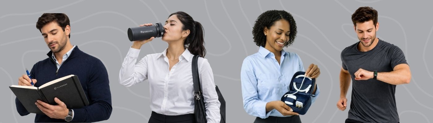 Four professionals using notebook, black bottle, blue headphones, and smartwatch on gray background for administrative professionals day gift ideas