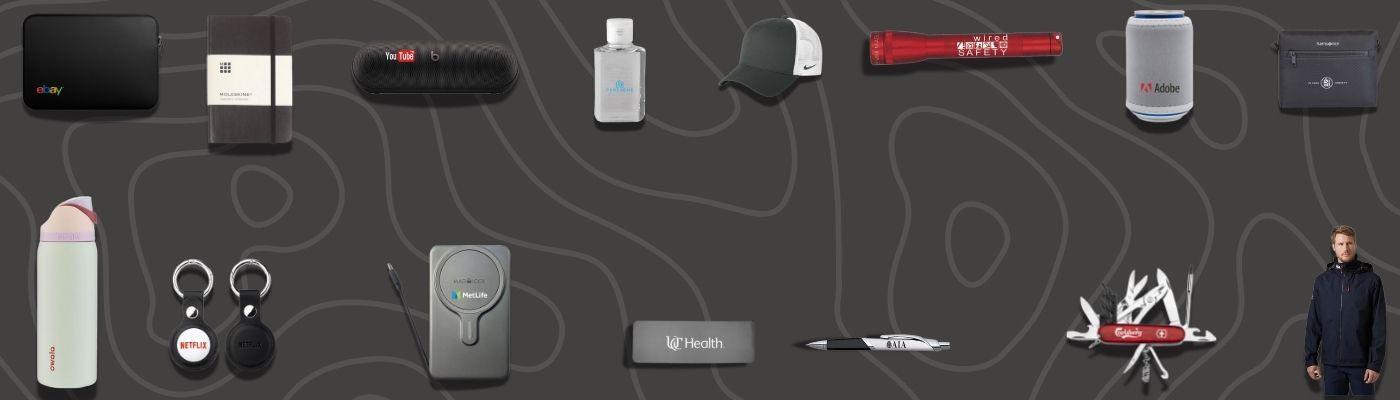 Wide banner displaying a curated selection of premium branded items—insulated water bottle, custom keychains, portable power bank, Bluetooth speaker, multitool, jacket, and more—highlighting gift ideas for event attendees.