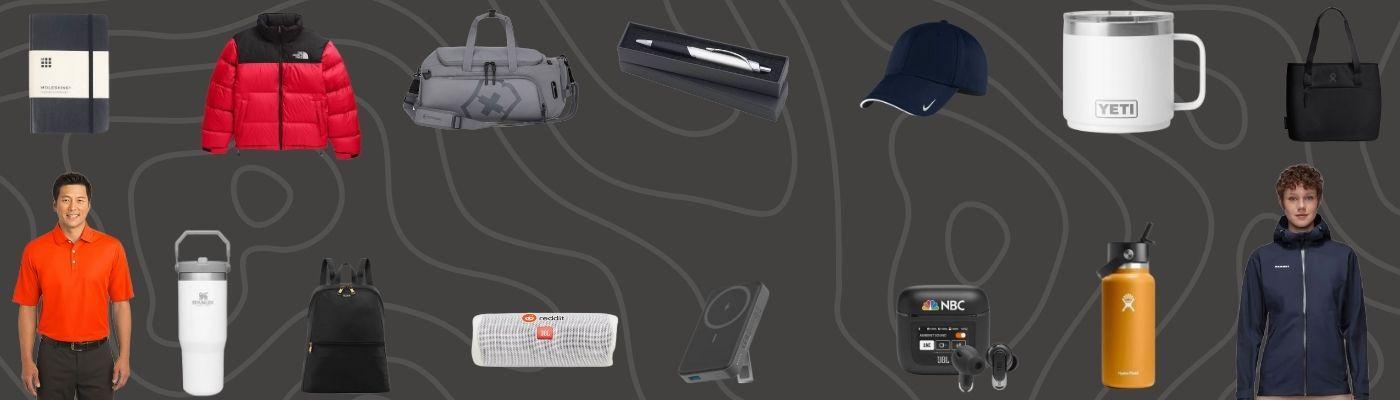 Blog banner featuring a variety of corporate gifts for employees—jackets, polos, caps, mugs, bottles, bags, and tech accessories.