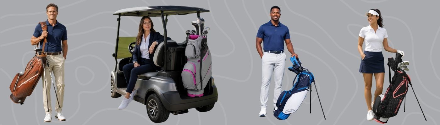 Best custom golf bags, featuring male and female golfers using Sun Mountain and Callaway stand and cart bags on a gray-patterned banner.