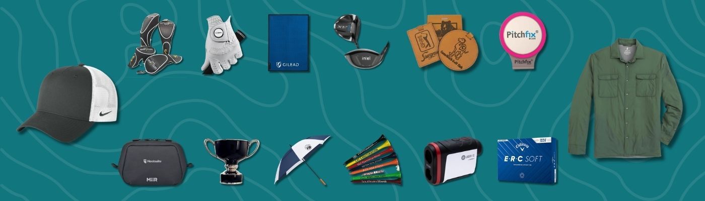 Flat lay of best golf gifts on teal background, featuring a Nike cap, golf clubs, glove, notebook, umbrella, rangefinder, leather bag tags, trophy, and green jacket for golf enthusiasts.