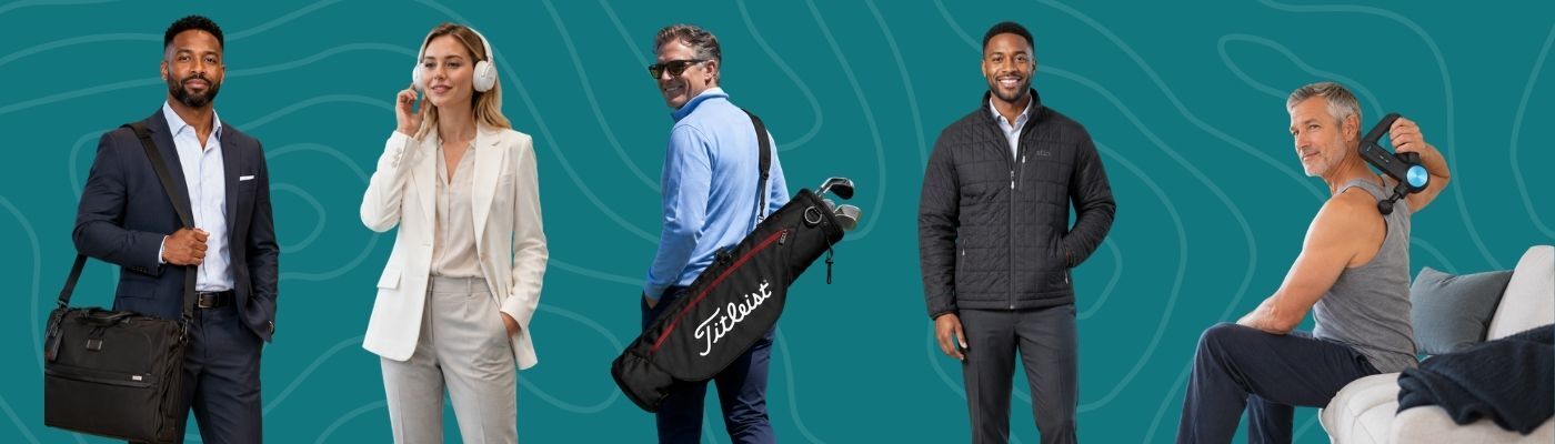 Luxury corporate gifts for executives shown with professionals using premium items, including a business bag, wireless headphones, golf bag, quilted jacket, and massage gun on a green patterned background.