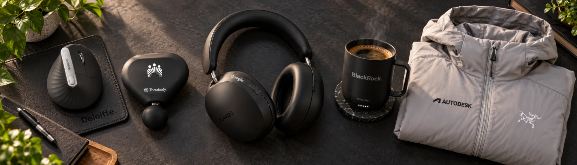 Best remote employee gifts displayed on a dark desk: a black Logitech MX Vertical mouse on a Deloitte-branded mouse pad, a black Theragun Mini 3rd Generation with company logo, black Sonos Ace headphones, a black Ember Smart Mug co-branded with BlackRock, and a gray Arc’teryx Atom Hoody co-branded with Autodesk, arranged with a pen and green plants.