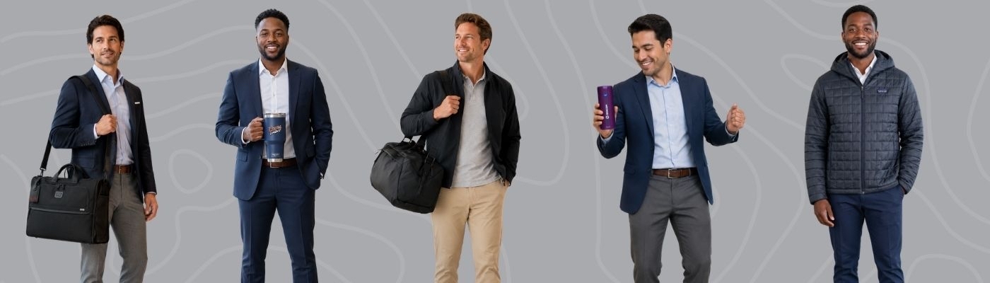 Five sales professionals showcase the best sales incentive ideas, including a business bag, branded travel mug, duffel bag, portable speaker, and performance jacket, on a gray patterned background.