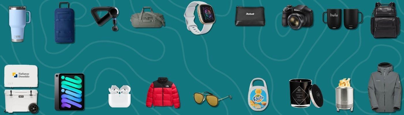 A collection of premium work anniversary gifts from ELITE PROMO INC, including drinkware, tech gadgets, jackets, bags, sunglasses, and branded corporate items.
