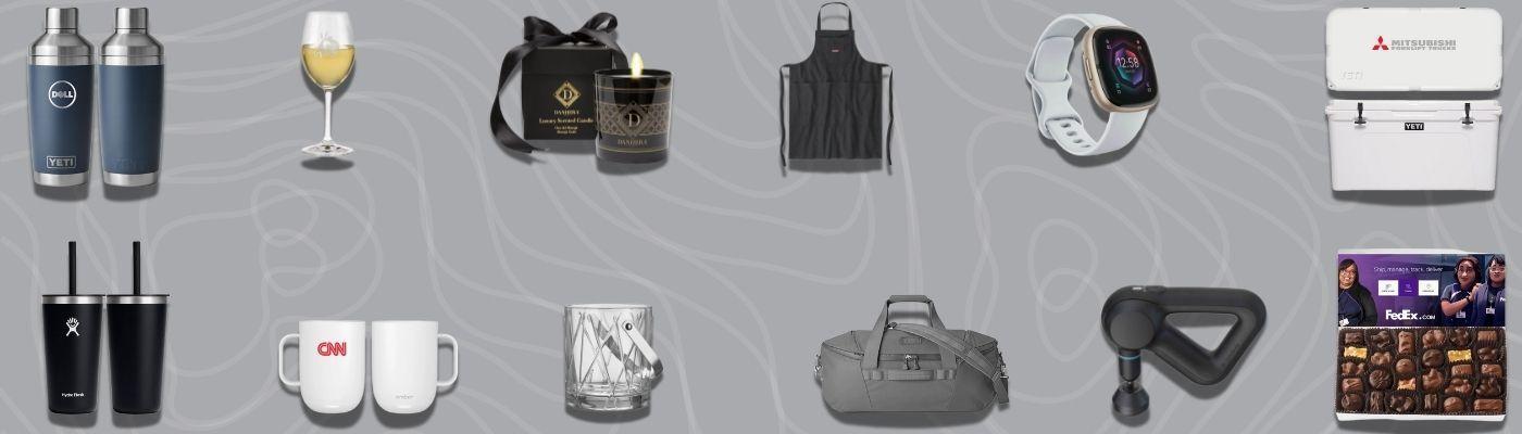 A curated collection of premium corporate gifts for clients, including tumblers, wine glasses, scented candles, aprons, fitness watches, branded coolers, mugs, duffle bags, massage guns, and gourmet chocolates.