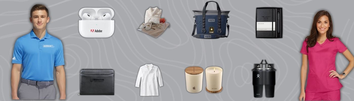 Assorted client appreciation gifts including branded apparel, YETI cooler, Hydro Flask tumblers, candles, a notebook, and earbuds.