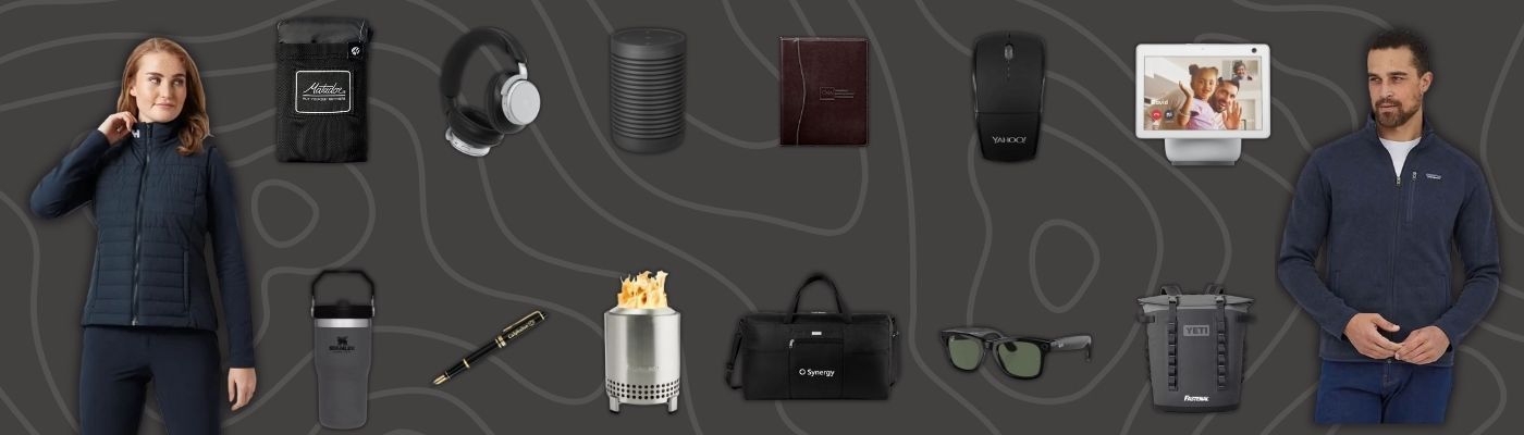 Banner showing a collage of premium apparel, tech, and gear presented as corporate holiday gifts for 2025.