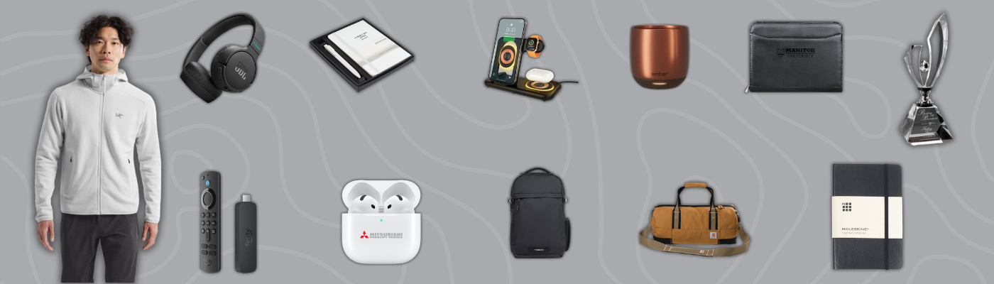 Banner showing custom corporate gifts like apparel, headphones, bags, earbuds, and office accessories on gray background