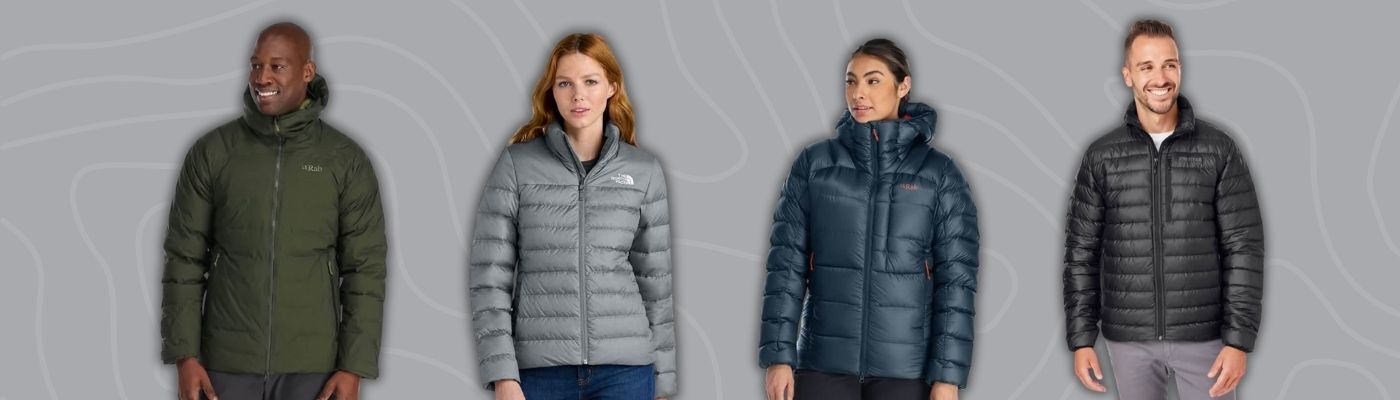 Models wearing custom down jackets in green, gray, navy, and black from brands like Stio, Marmot, The North Face, and Patagonia, designed for warmth in cold-weather corporate apparel programs.