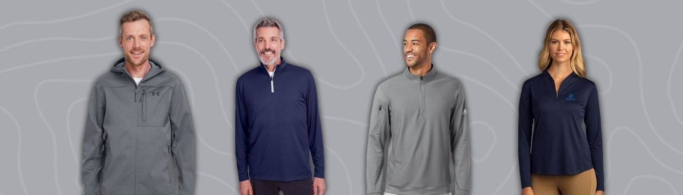 Models wearing custom dri-fit jackets in gray and navy from brands like Peter Millar, Marmot, Greg Norman, and Puma, featured in the custom jackets buyers guide for active corporate teams.