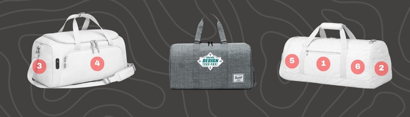 Duffel bags with numbered logo spots on white and gray Herschel bag, Custom Duffel Bags Logo Placement Guide