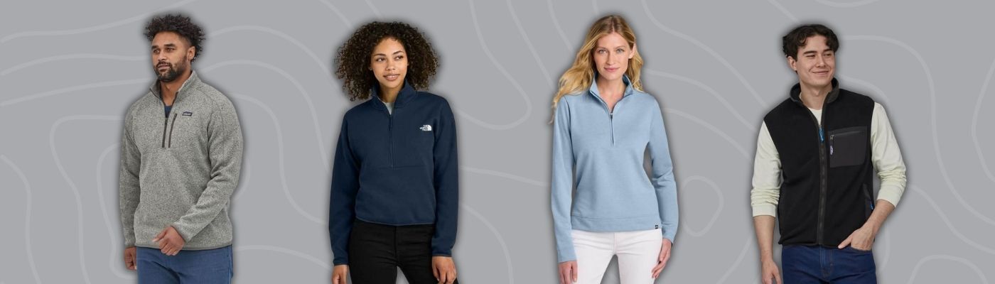 Models wearing custom embroidered fleece jackets in gray, navy, and light blue from brands like Patagonia, The North Face, and Marmot, featured in the custom jackets buyers guide.
