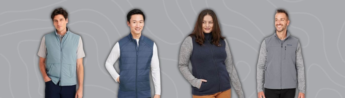 Models wearing custom embroidered vests in light blue, navy, dark gray, and gray, representing popular corporate apparel styles from brands like Adidas, Columbia, Helly Hansen, and Carhartt.