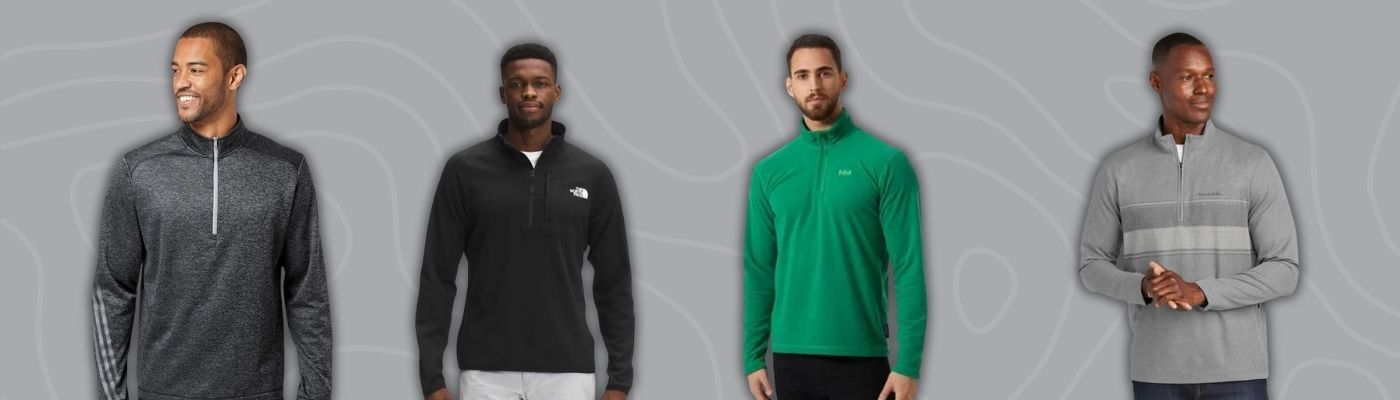 Models wearing custom embroidered pullovers in black, green, gray, and heathered dark gray, representing lightweight and versatile corporate apparel styles from brands like Adidas, The North Face, Helly Hansen, and Nike.