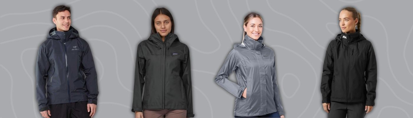 Models wearing custom embroidered rain jackets in black and gray from brands like Arc’teryx, Marmot, The North Face, and Sun Mountain, featured in the custom jackets buyers guide.