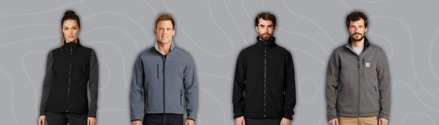 Models wearing custom embroidered soft shell jackets from brands like Helly Hansen, The North Face, and Carhartt, featured in the custom jackets buyers guide.