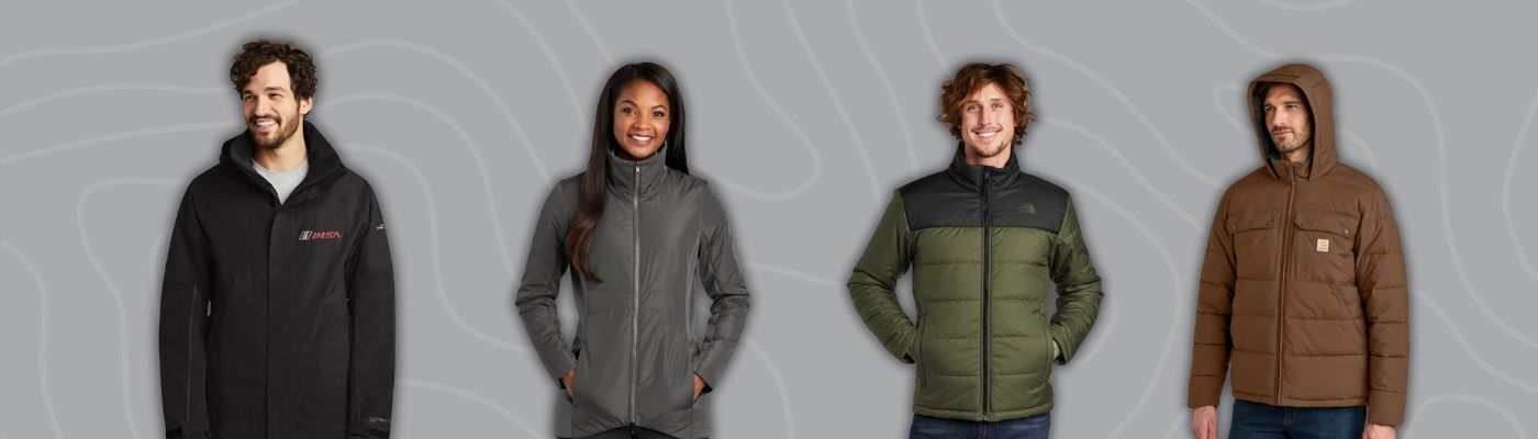 Models wearing custom insulated jackets in black, gray, green, and brown from brands like Port Authority, Eddie Bauer, The North Face, and Carhartt, featured in the custom jackets buyers guide for winter corporate gear.
