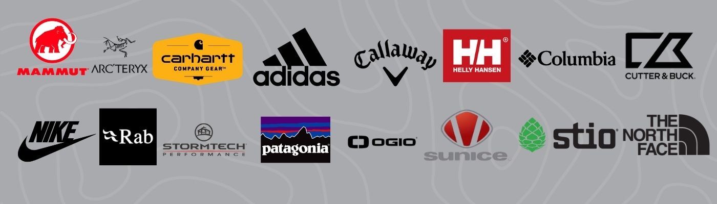 Collection of popular custom logo jackets brand, including Mammut, Arc’teryx, Carhartt, Adidas, Callaway, Helly Hansen, Columbia, Cutter & Buck, Nike, Rab, Stormtech, Patagonia, Ogio, Sunice, Stio, and The North Face.