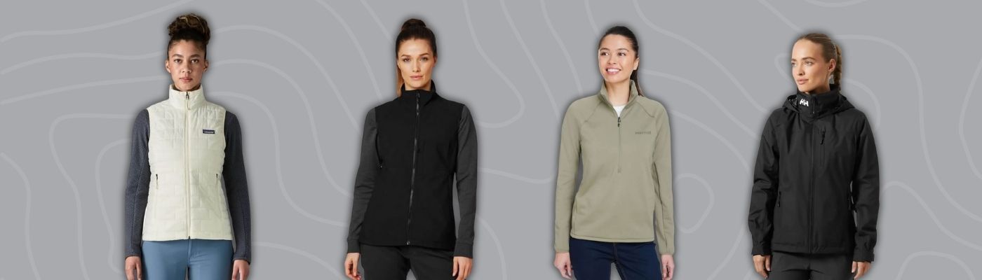 Models wearing custom ladies jackets including quilted vests, fleece pullovers, and insulated outerwear from brands like Callaway, Marmot, and The North Face, featured in the custom jackets buyers guide.