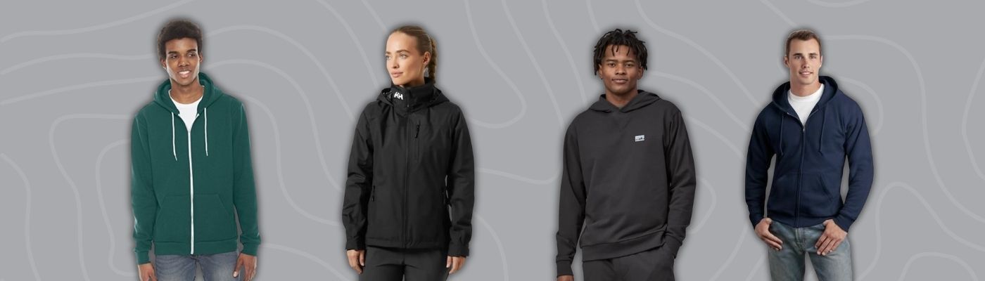 Models wearing custom logo hoodies in green, black, and navy from brands like Patagonia, American Apparel, District, and Hanes.