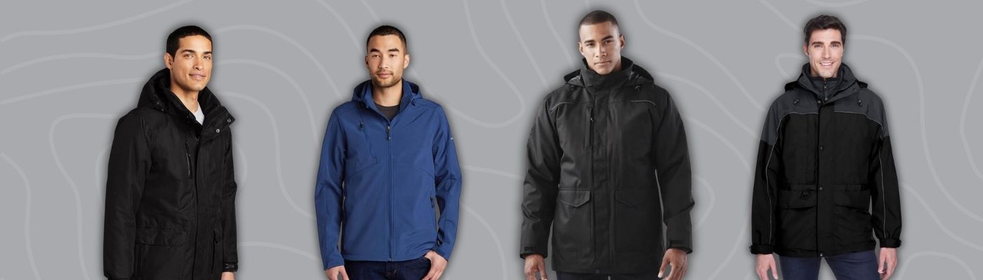 Models wearing custom parkas in black and blue from brands like Port Authority, Eddie Bauer, STORMTECH®, North End, featured in the custom jackets buyers guide for extreme cold-weather protection.