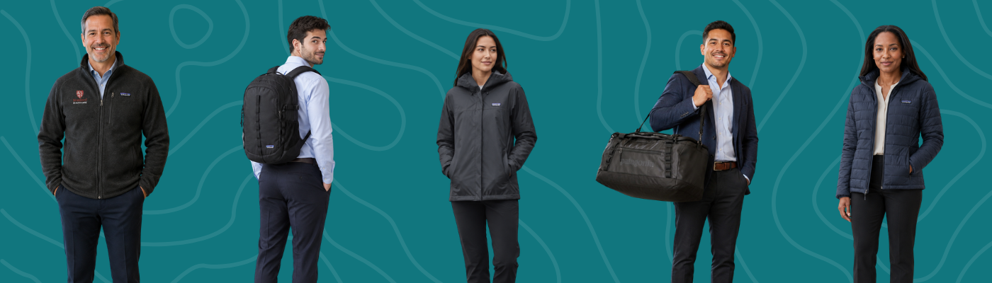 Five professionals showcasing Patagonia jackets, vests, backpacks, and duffel bags featured in a custom Patagonia buyer's guide for branded corporate apparel and gear.