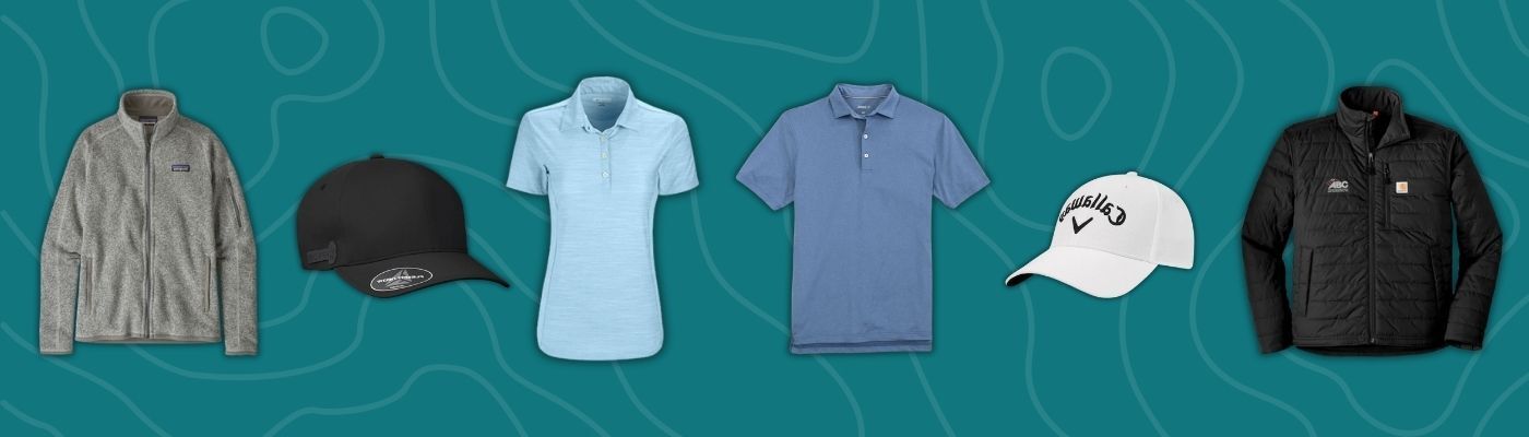 Lineup of Patagonia fleece, Carhartt jacket, Callaway golf shirts, and branded caps showcasing the best custom promotional products in apparel.