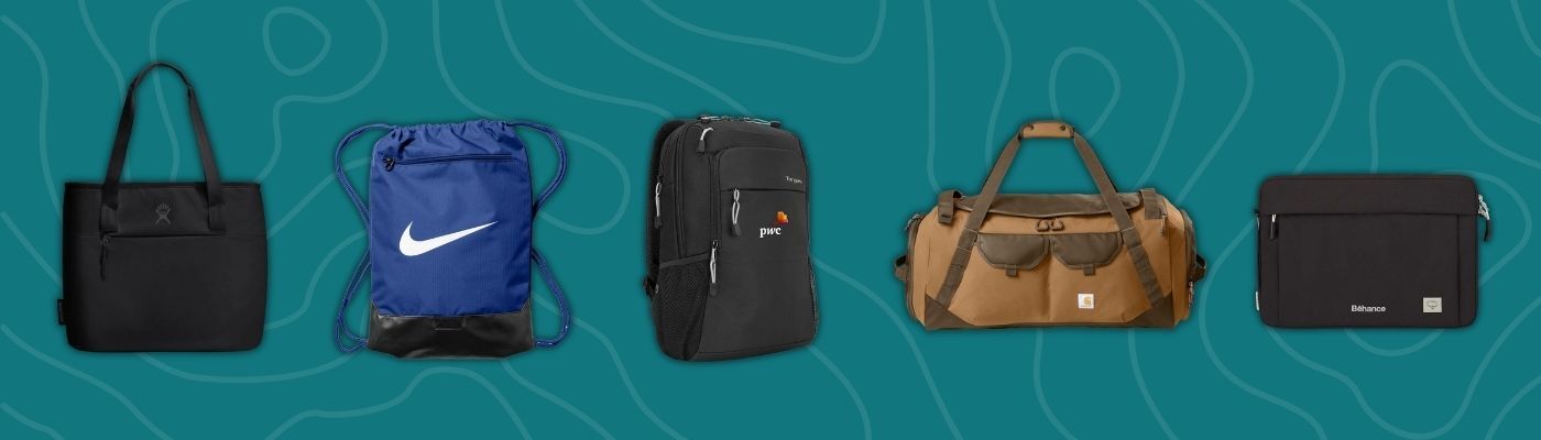 Collection of Hydro Flask, Nike, Osprey, Carhartt, and Targus custom bags and totes featuring the best custom promotional products.