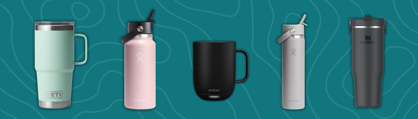 Lineup of Stanley, Ember, YETI, and Hydro Flask drinkware in assorted colors — premium custom tumblers and bottles.