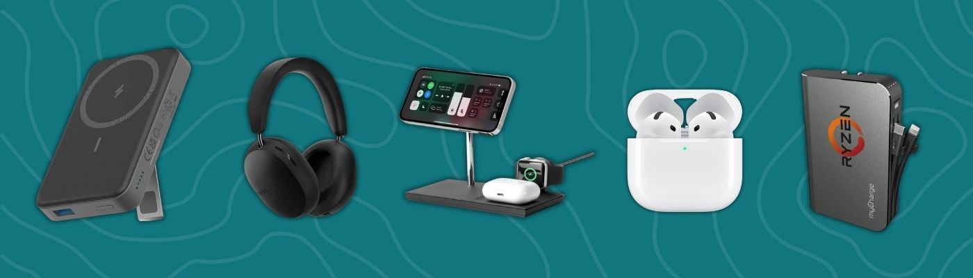 Collection of premium tech and electronics including Apple AirPods, Sonos headphones, Anker chargers, and wireless charging docks.