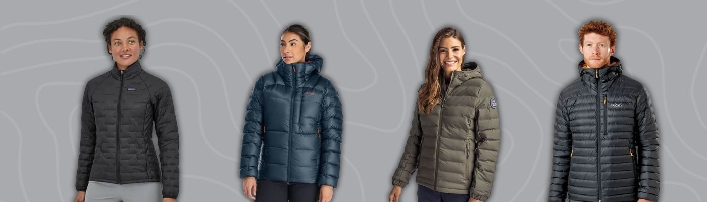 Models wearing custom puffer jackets in black, navy, olive, and gray from brands like Patagonia, Rab, and Cutter & Buck, featured in the custom jackets buyers guide for cold-weather corporate gear.