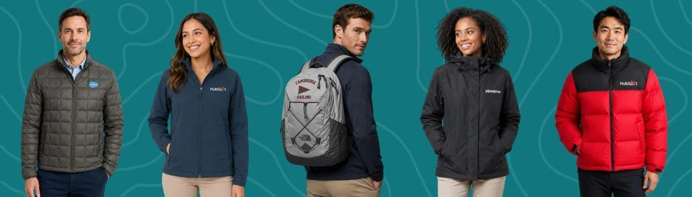 Custom The North Face buyer's guide for corporate gifting showing five co-branded jackets and a backpack