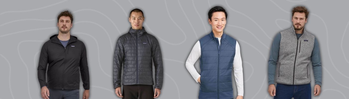 Models wearing custom jackets for men including black pullovers, quilted jackets, navy vests, and gray fleece vests from brands like Adidas, Marine Layer, and Columbia.