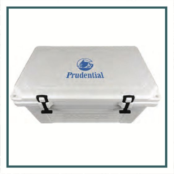 PATRIOT 50 Qt. Roto-Molded Cooler with Prudential logo, digitally printed for durable outdoor performance.