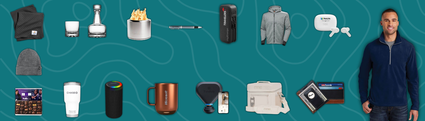 Banner showing assorted corporate Christmas gifts like drinkware, tech accessories, apparel, and gift sets.