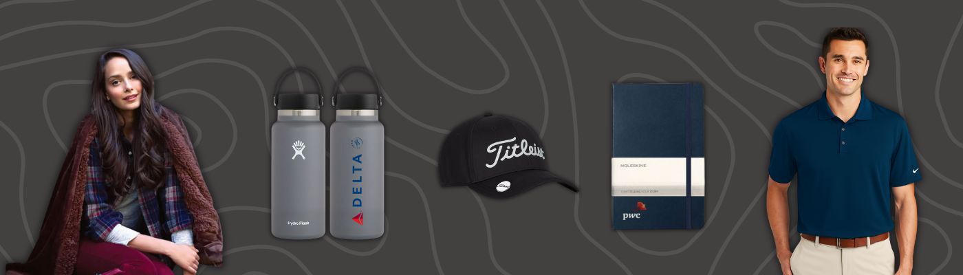 Insulated water bottles, black cap, navy notebook and polo shirts displayed on neutral backdrop.
