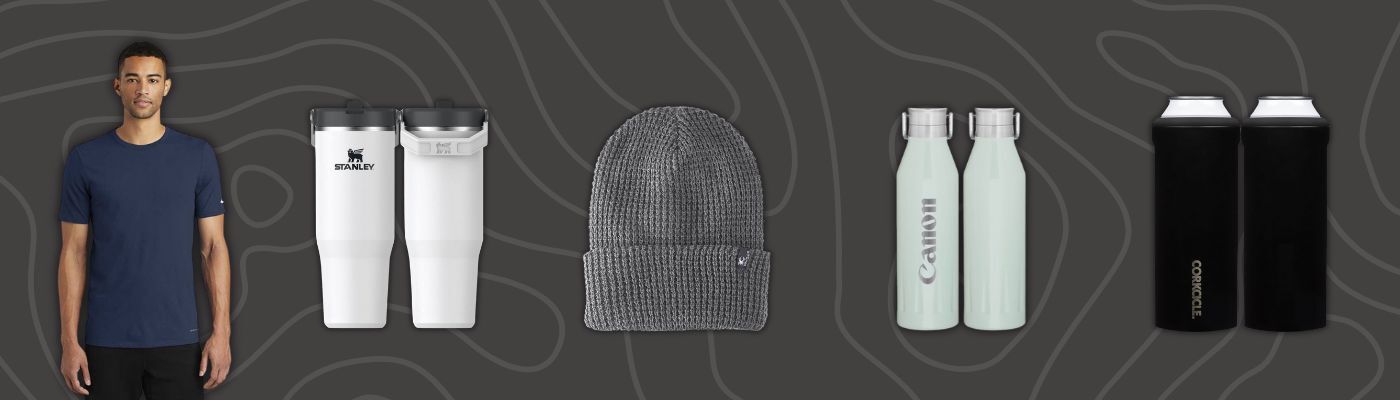 Holiday gifts for employees featuring custom t-shirts, branded drinkware, beanies, and premium corporate gifts
