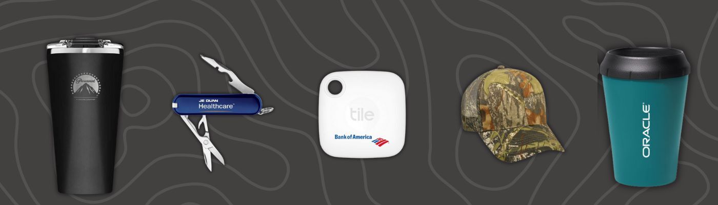 Black tumbler, multi-tool, tracking tag, camo cap, and teal travel mug on dark patterned background.
