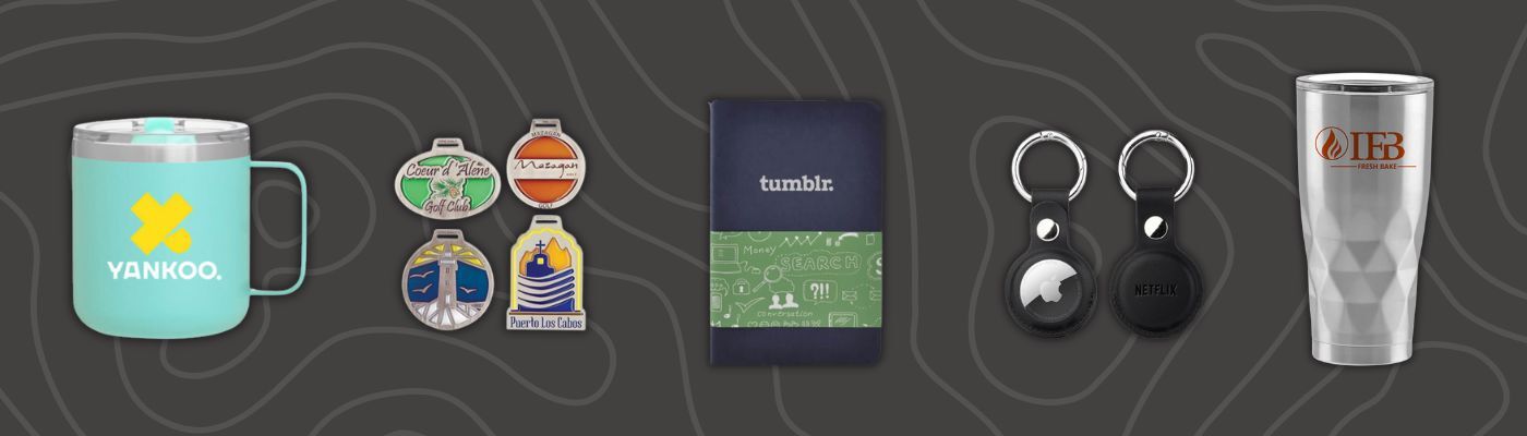 Colorful mug, ornaments, notebook, keychains, and tumbler featured as creative holiday gifts for employees.
